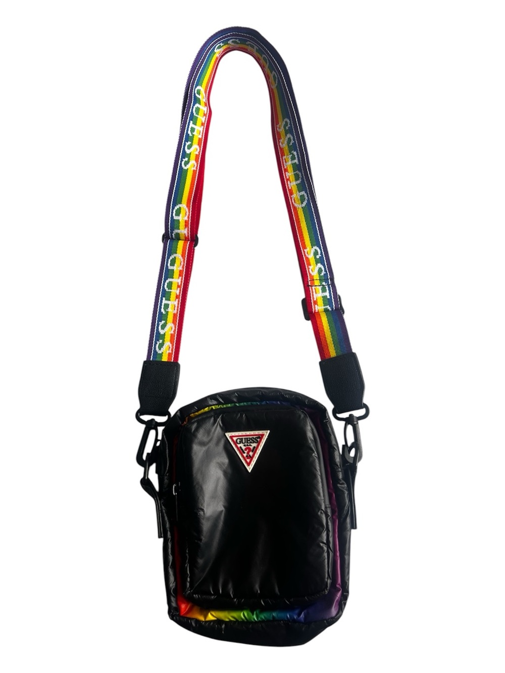 GUESS Black Crossbody with Rainbow Logo Strap